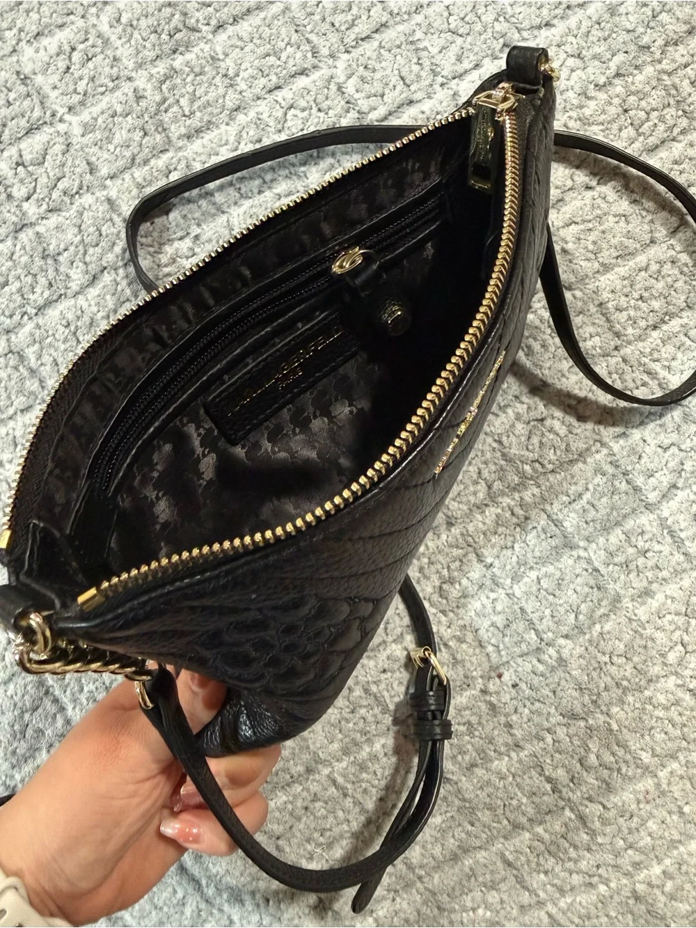 Karl Lagerfeld Black Quilted Floral Crossbody Pouch with Gold Chain